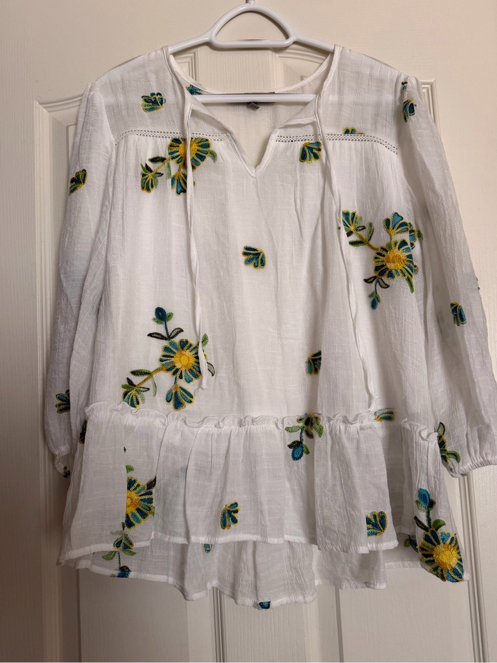 White Floral Embroidered Peasant Blouse